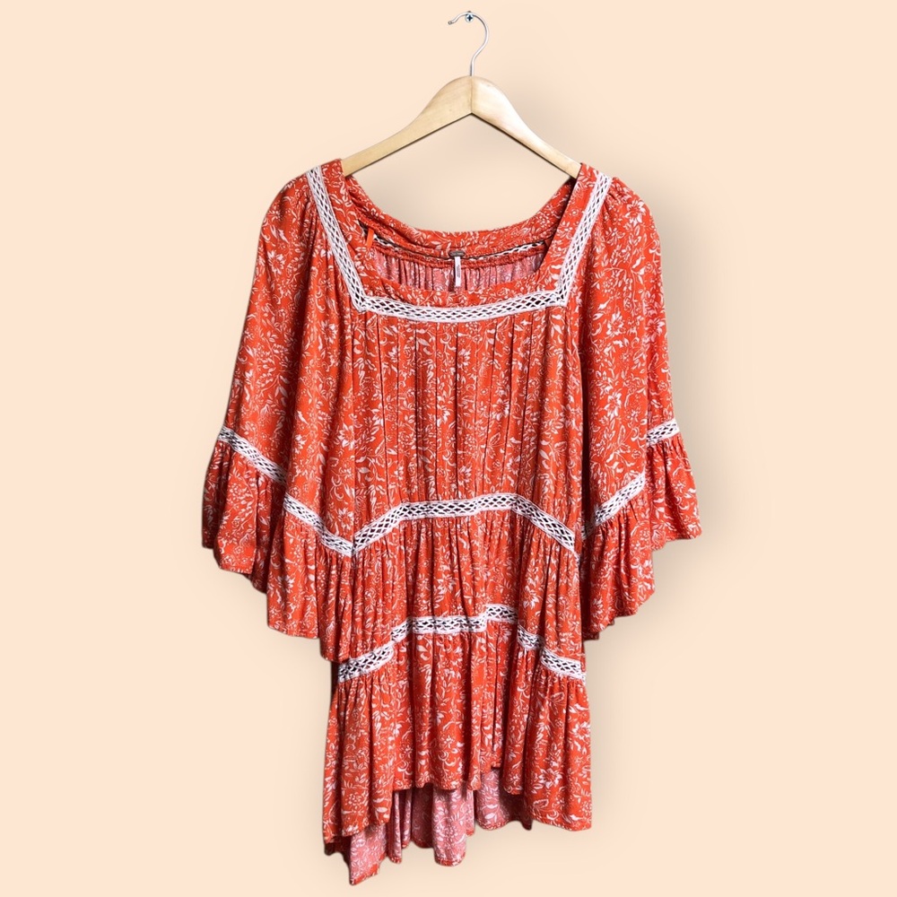 Free People Talk About It Tunic Top Bohemian Oversized Orange Floral Women’s L